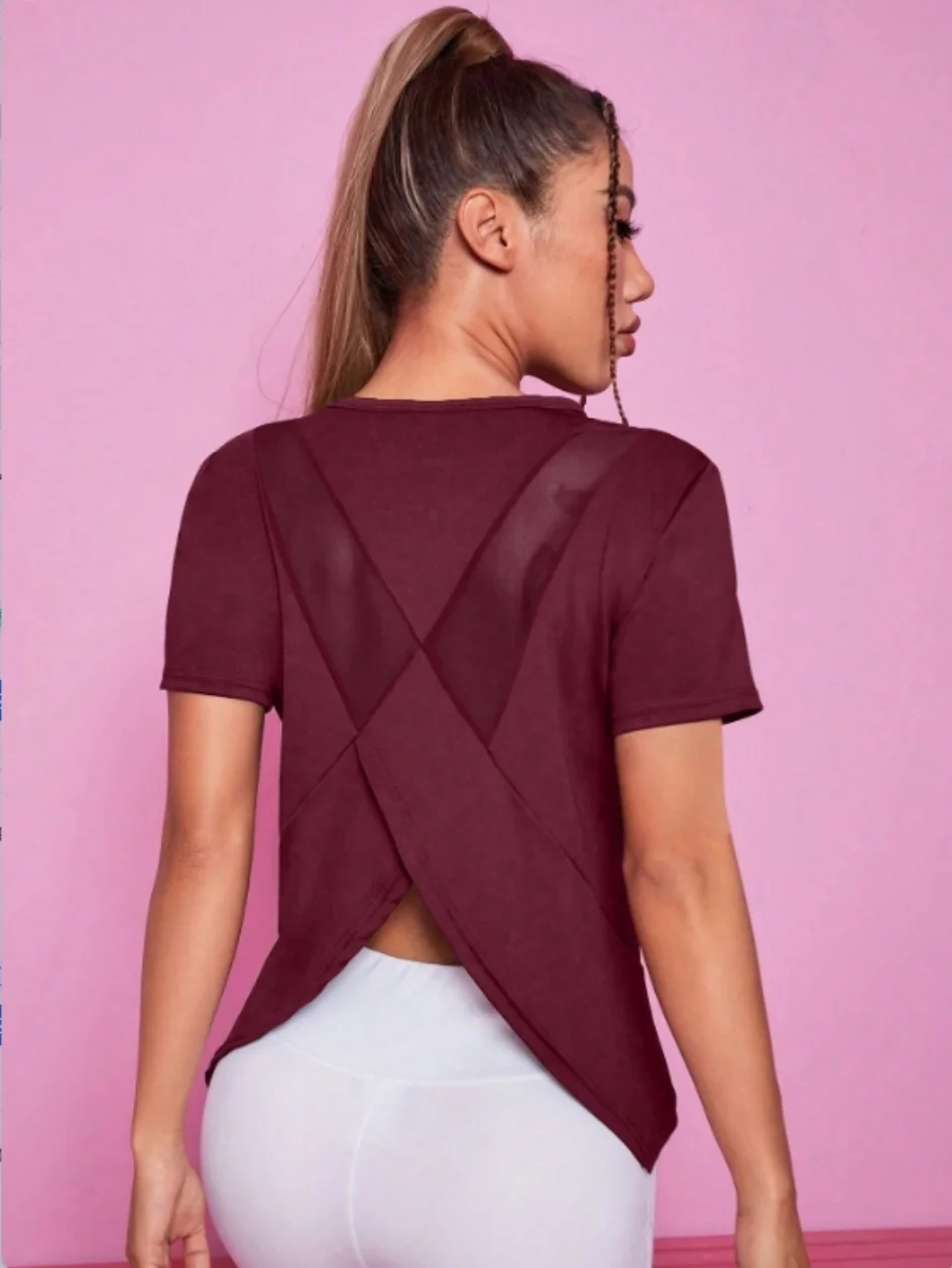 Traje de Yoga para mujer, Camiseta deportiva de verano, camiseta holgada transpirable de secado rápido, top de malla para entrenamiento en la espalda, fitness de manga corta