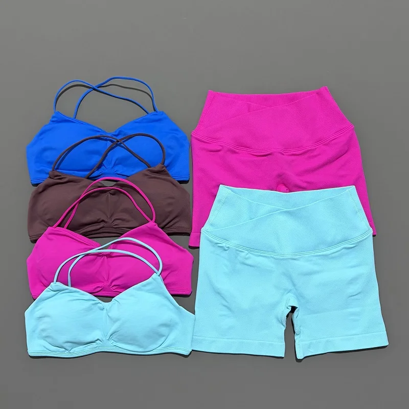 Conjunto de gimnasio de visión de 2 piezas para mujer, Top corto de Yoga, pantalones cortos sin costuras de cintura alta, sujetador de Fitness, traje deportivo, conjunto de entrenamiento