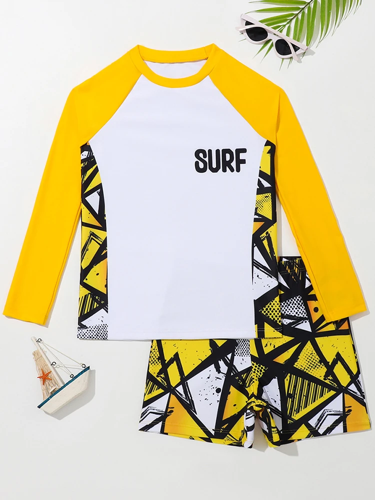 Traje de Baño para Niño 2026, Nuevo Diseño Geométrico, Manga Larga, Traje de Baño Infantil de Dos Piezas, Ropa de Playa para Niños, Traje de Baño para Natación