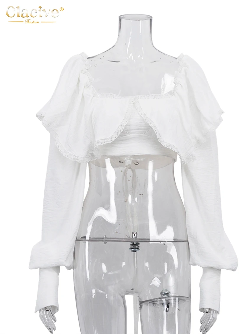 Clacive-Top blanco ajustado para mujer, Top corto de manga larga con cuello cuadrado a la moda, Tops lisos clásicos elegantes, ropa femenina 2025