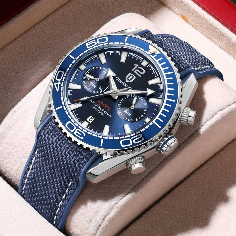 Reloj de cuarzo multifuncional de lujo de marca QINGXIYA, correa de silicona para hombre, relojes cronógrafo luminosos resistentes al agua, reloj deportivo para hombre