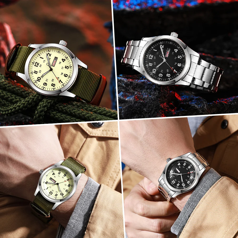 Reloj de Pulsera 2026 de 42 mm con Esfera Luminosa, Función de Día y Fecha, Correa de Lona Verde, Resistente al Agua 30M, Correa Color Caqui