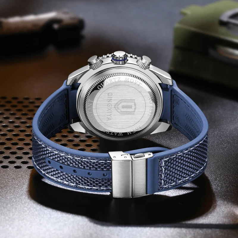 Reloj de cuarzo multifuncional de lujo de marca QINGXIYA, correa de silicona para hombre, relojes cronógrafo luminosos resistentes al agua, reloj deportivo para hombre