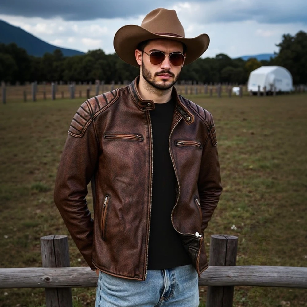 Nueva chaqueta de cuero de vaca de 100%, ropa de capa superior para hombre, ropa de motocicleta con cuello levantado para hombre, ropa de motocicleta de talla grande para Otoño e Invierno