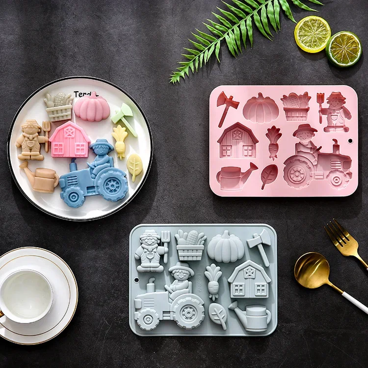 Molde de silicona para modelado de tema de granja de 9 agujeros, herramienta para hornear, molde para pastel, cubo de hielo, molde de Chocolate epoxi, accesorios para hornear