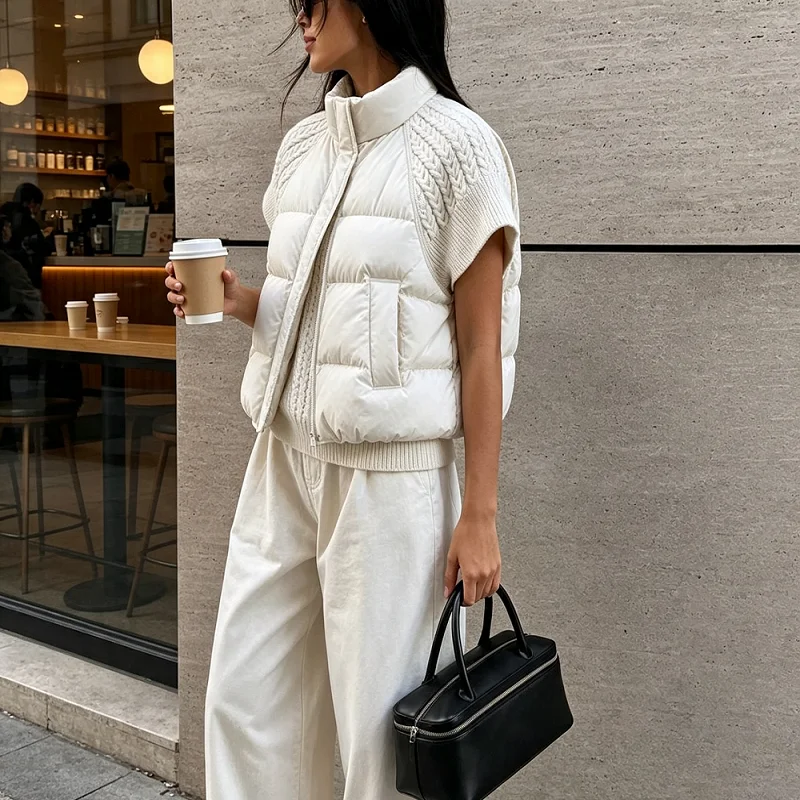 Chaleco Acolchado de Punto para Mujer, Cuello Alto, Sin Mangas, con Cierre, Corto, Holgado, para Usar en Capas, Ropa Exterior, Chaqueta Cálida de Invierno para Damas 2026