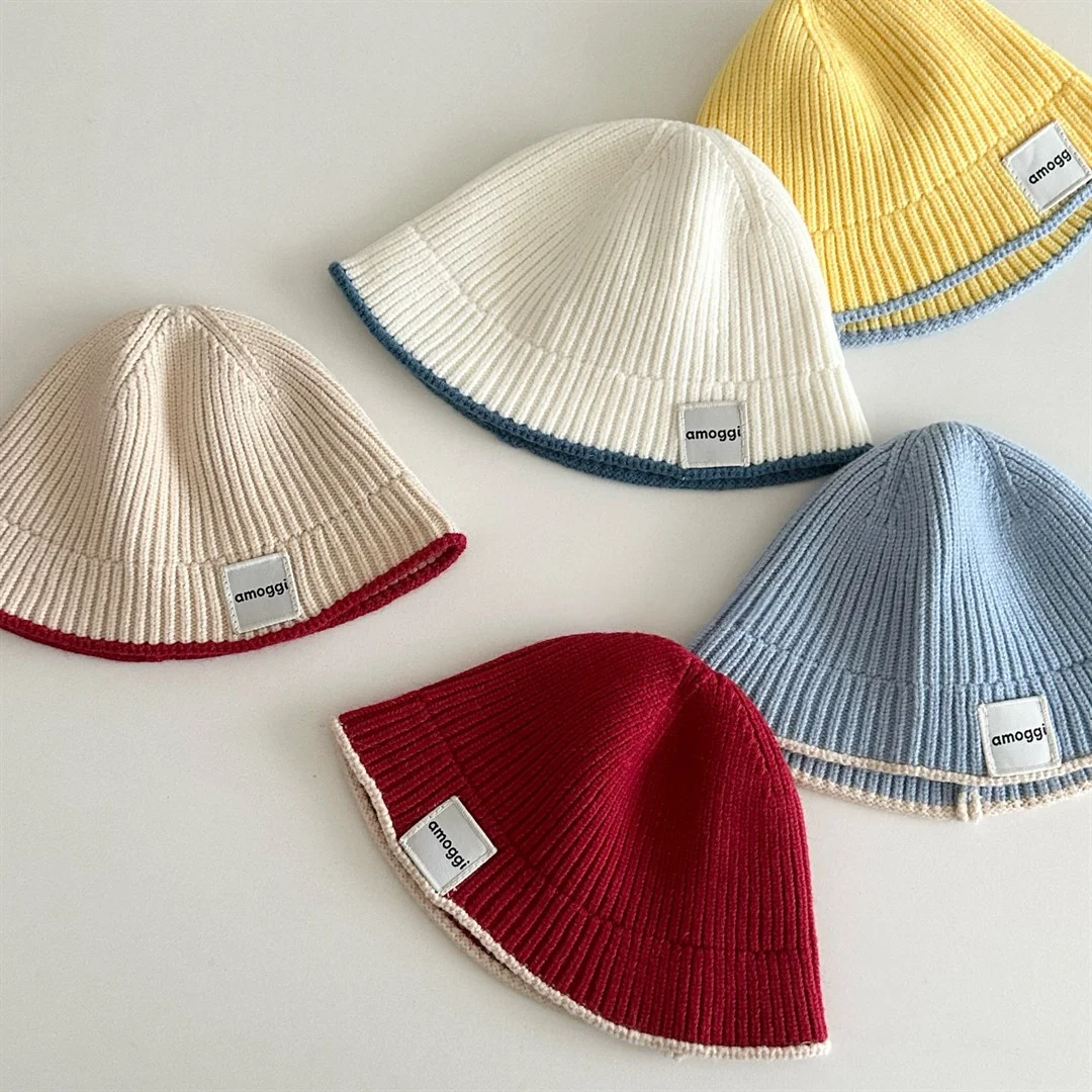 Gorro de Pescador Coreano de Punto para Bebés, Otoño 2026, con Parche de Letras, Color Sólido, Versátil, para Niñas y Niños