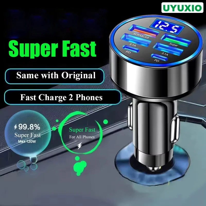 Adaptador de cargador de coche UYUXIO USB C con pantalla de voltaje 6 en 1 súper rápido en el coche para iPhone 16 15 Pro Max Samsung Android Phone