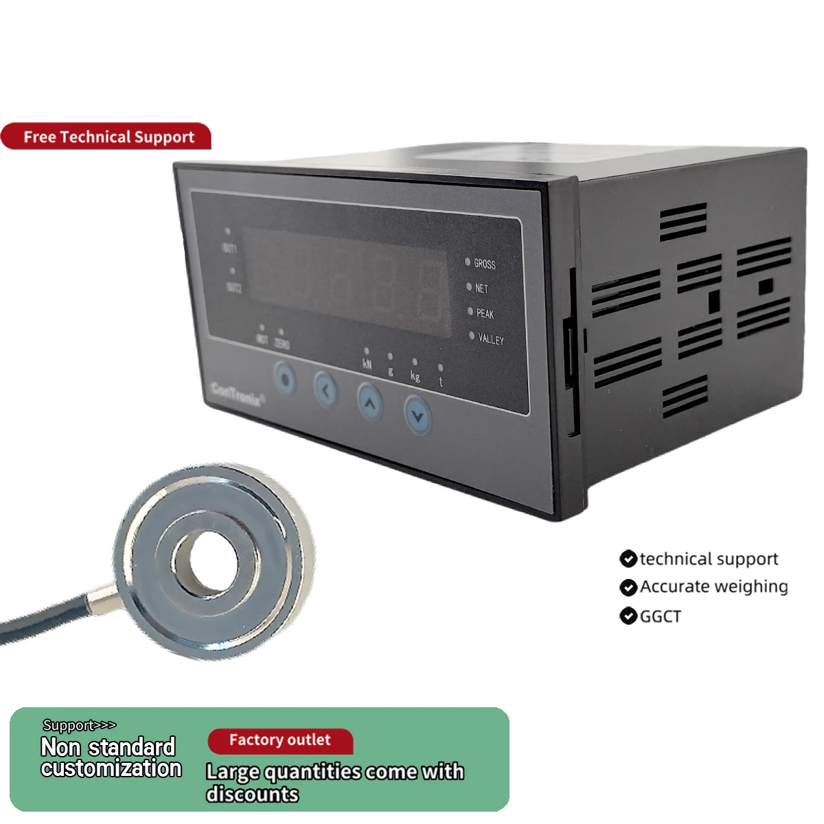 Célula de Carga Tipo Donut de Alta Precisión ConTronix con Pantalla Digital, Controlador de Peso, Kit de Sensor de Fuerza de Anillo de Acero Inoxidable