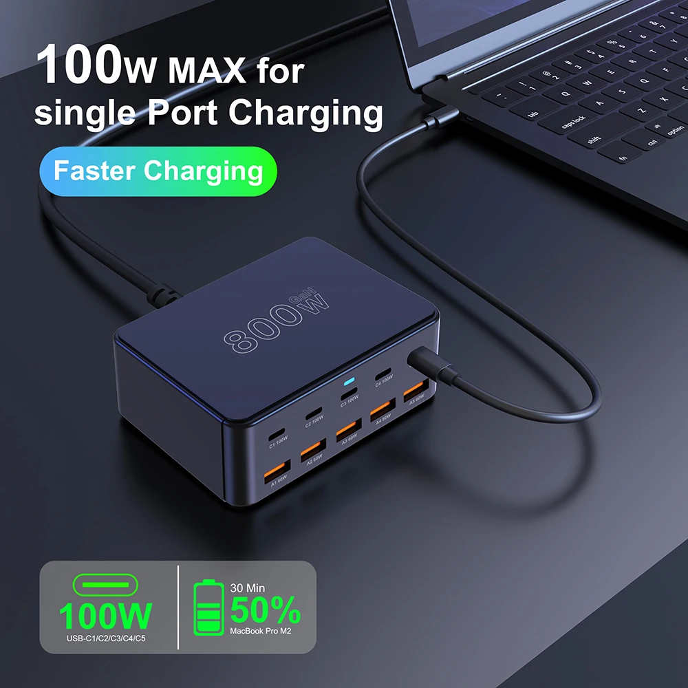 Cargador GaN USB C de 800W, estación de carga rápida de 10 puertos PD3.0 PPS QC3.0 de 100W para iPhone 16/15 Samsung MacBook Pro, ordenadores portátiles y tabletas
