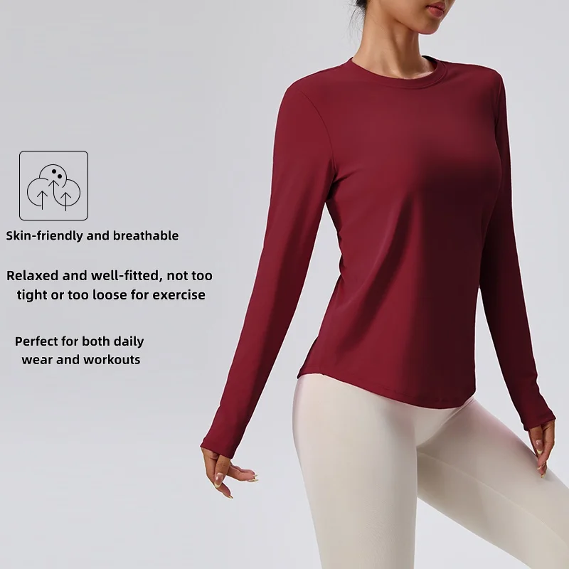 Ropa desnuda de Yoga y Fitness con cuello redondo para primavera y otoño, Base adelgazante y adelgazante, Top deportivo, manga larga para Pilates, mujer