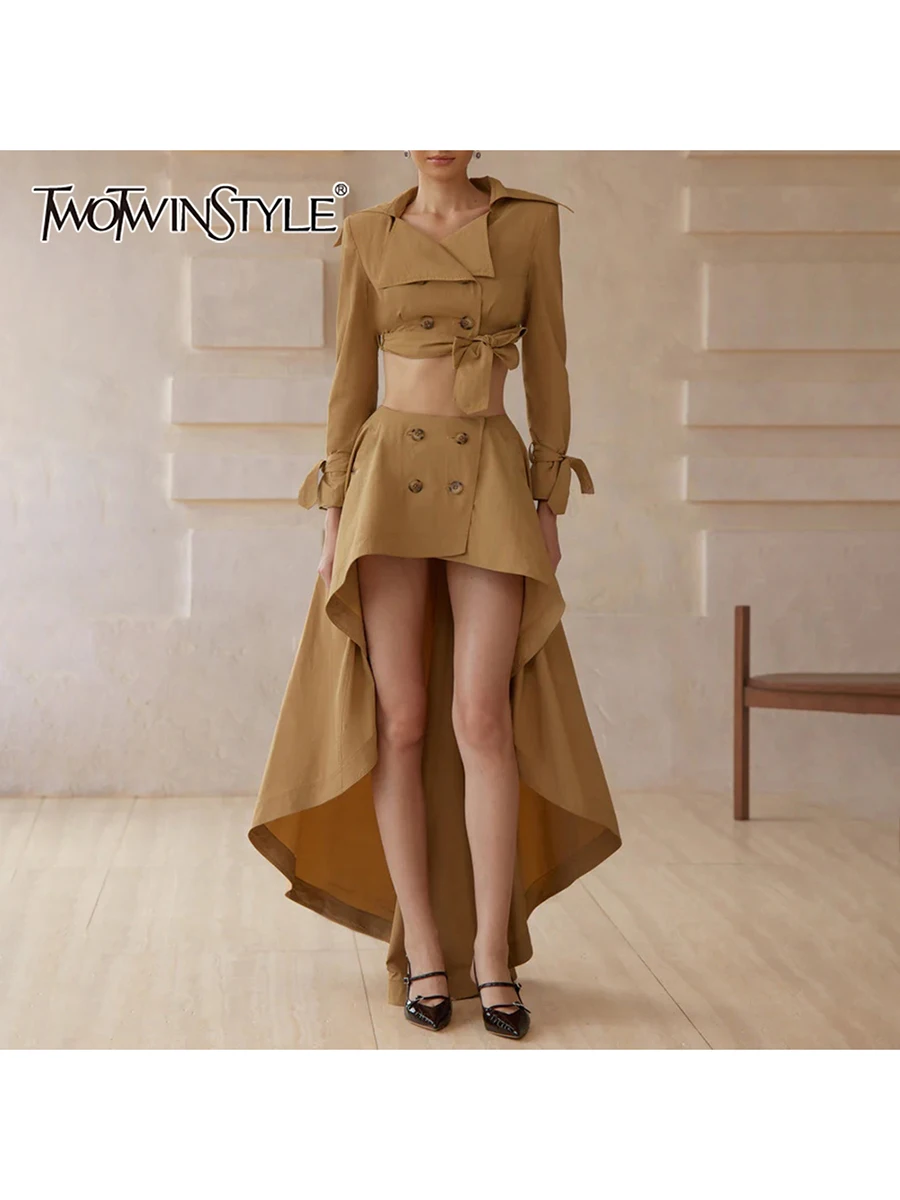 TWOTWINSTYLE, conjuntos de dos piezas lisos empalmados con doble botonadura para mujer, solapa, manga larga, Top corto, falda de cintura alta, conjunto femenino nuevo