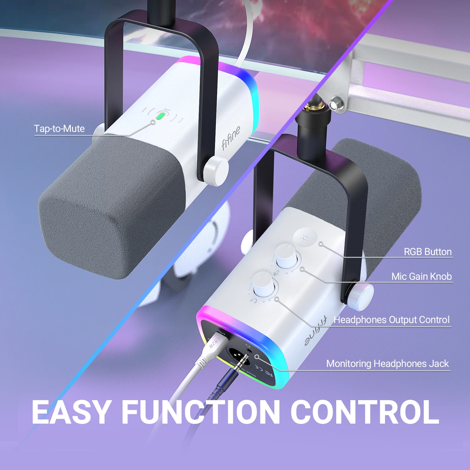 FIFINE Kit de micrófono para juegos USB/XLR con conector para auriculares/RGB/Boom Arm, juego de micrófono dinámico para PC PS5/4 Mezclador AmpliGame White-AM8TW