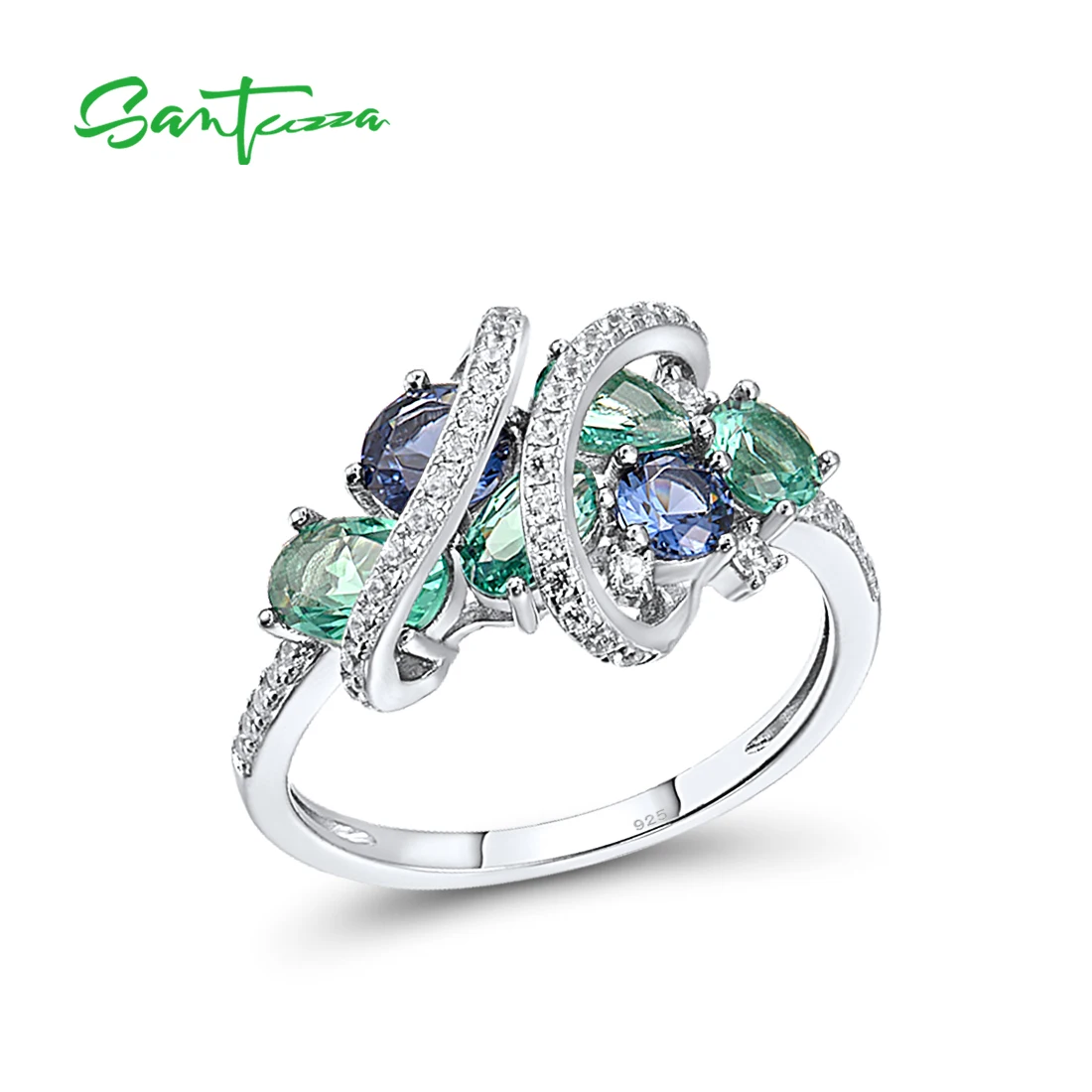 SANTUZZA 925 anillos de plata esterlina para mujer verde azul espinela blanca CZ piedras preciosas anillos originales regalos de boda joyería fina