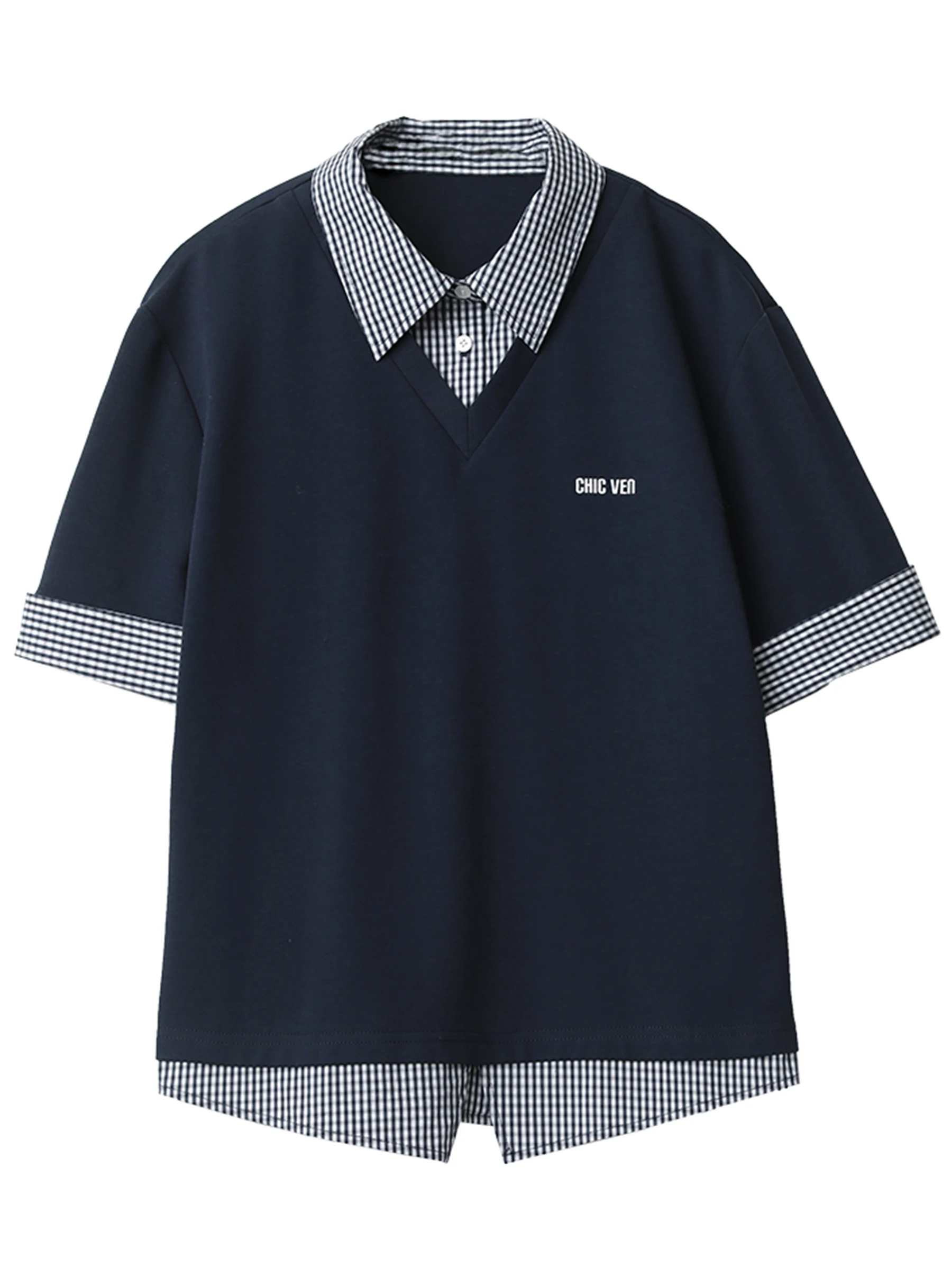 CHIC VEN-camisetas holgadas e informales para mujer, camisetas de manga corta a cuadros con contraste, Polo de retazos para primavera y verano 2025
