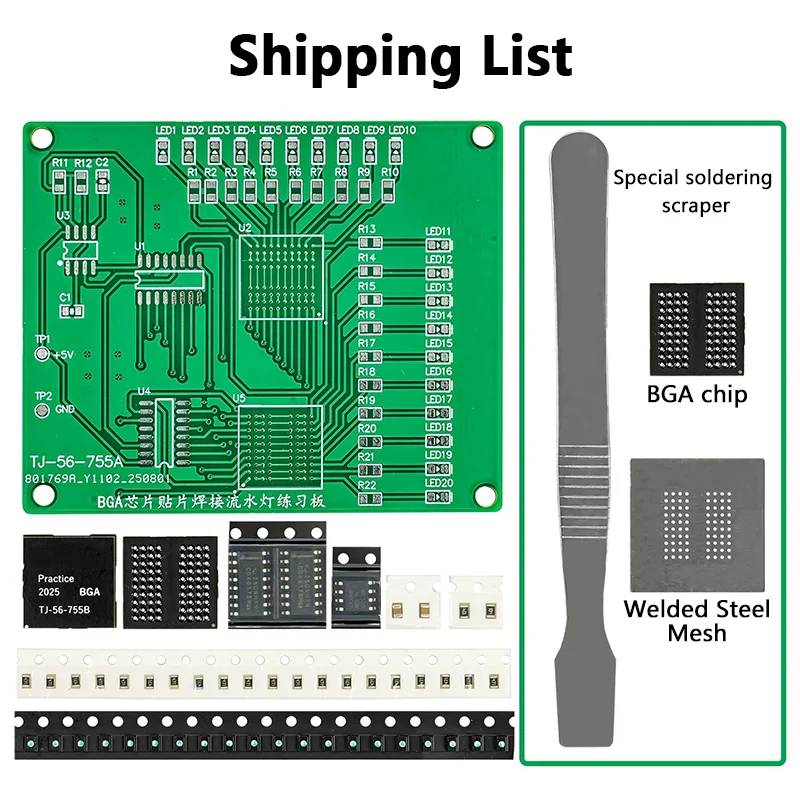 Kit de tablero de práctica de soldadura de Chip BGA, kit de bricolaje de circuito de luz de flujo SMD 555 4017