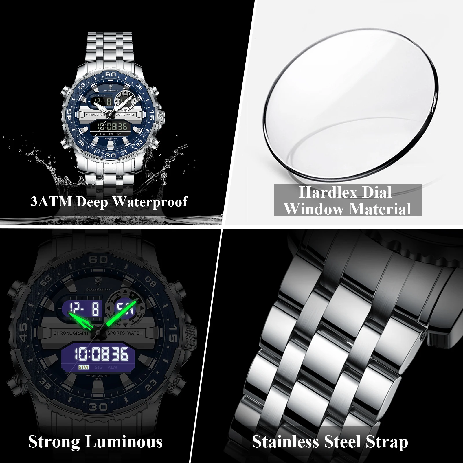 Reloj POEDAGAR para Hombre, Militar, de Cuarzo, con Fecha y Semana, LED Luminoso, Digital, Doble Hora, Electrónico, Moderno