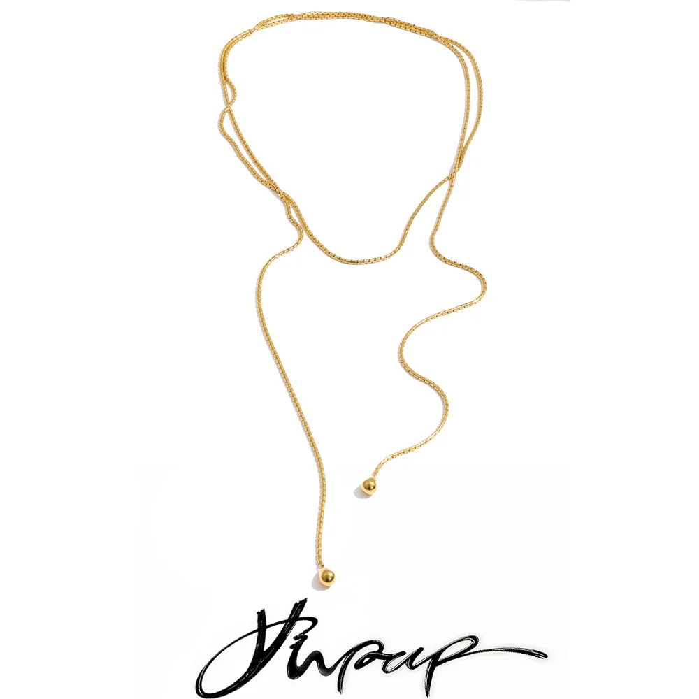 Yhpup Collar apilable de cadena de acero inoxidable de 130 cm, chapado en PVD de color oro de 16 quilates, joyería distintiva resistente al agua