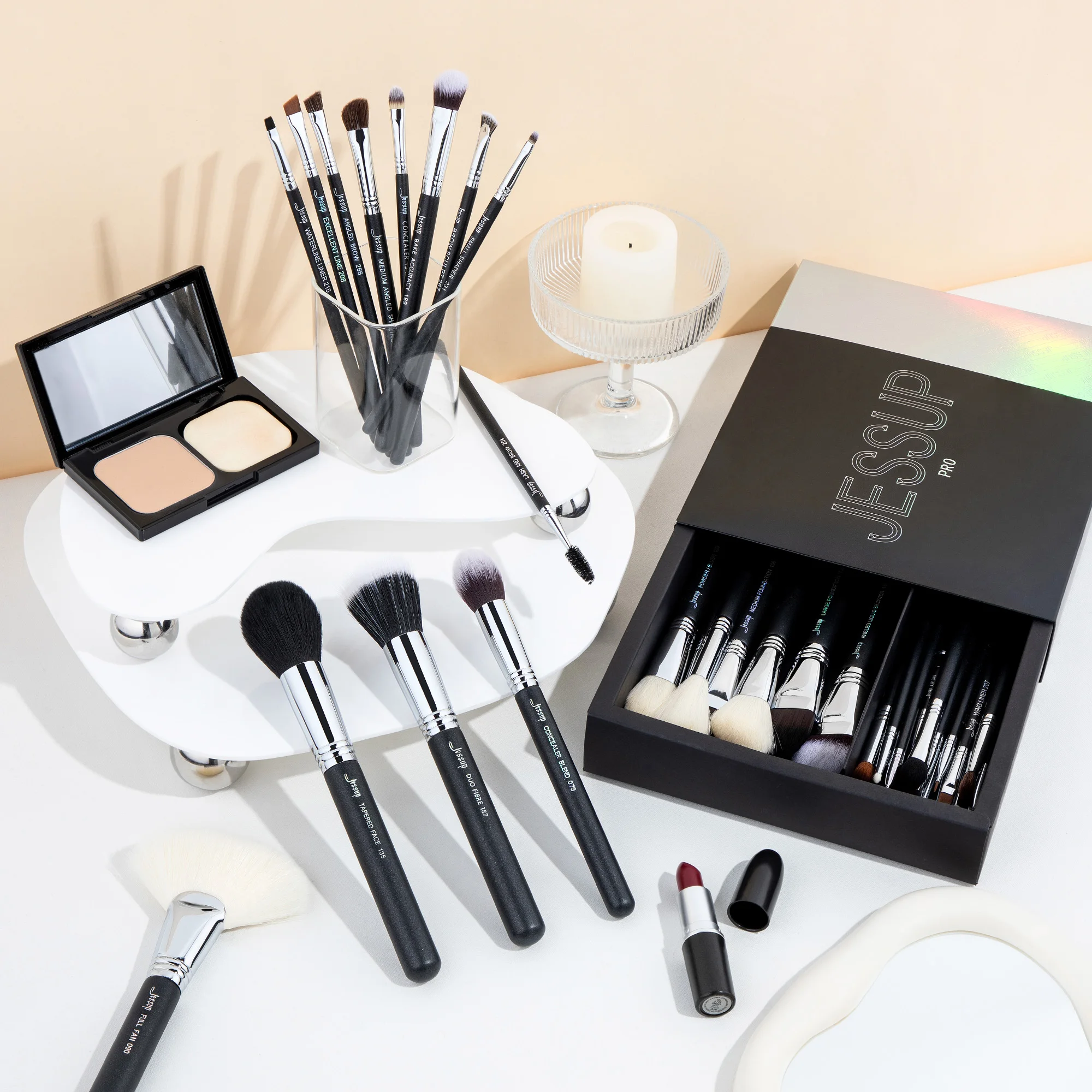 Jessup Juego de brochas de maquillaje Profesional 35 piezas Brocha de maquillaje con etiqueta sintética premium para base, sombra de ojos, corrector y contorno