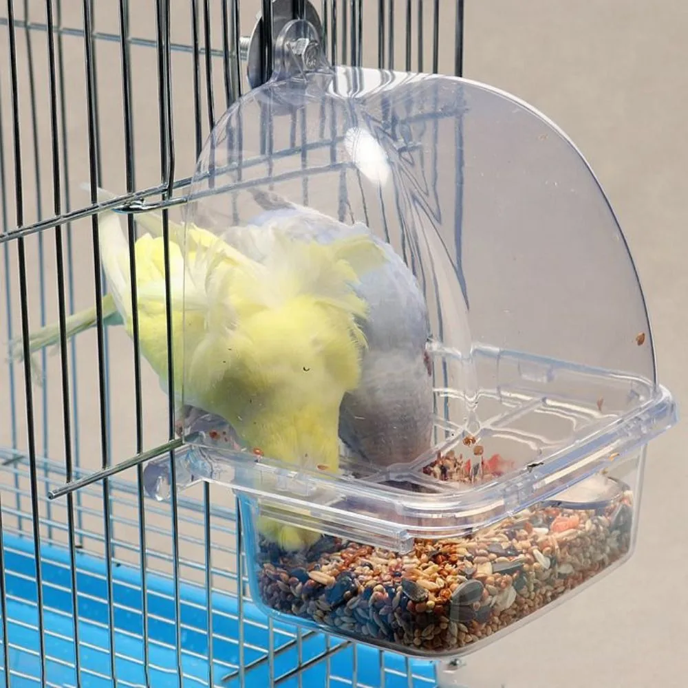 Alimentador de jaula para pájaros, caja de alimentación de plástico duradero transparente para loros, recipiente para alimentos de gran capacidad a prueba de salpicaduras para mascotas
