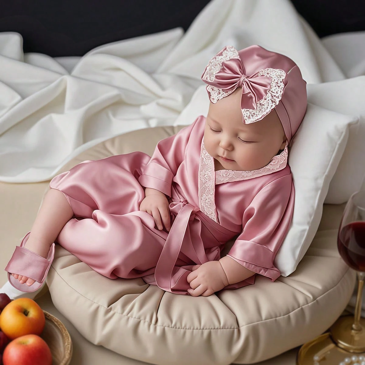 Conjunto de 3 Piezas para Fotografía de Recién Nacidos, 1 Mes, 100 Días, Bata de Encaje para Bebé Niña con Lazo, Turbante, Gorro y Pantuflas, Accesorios para Fotos