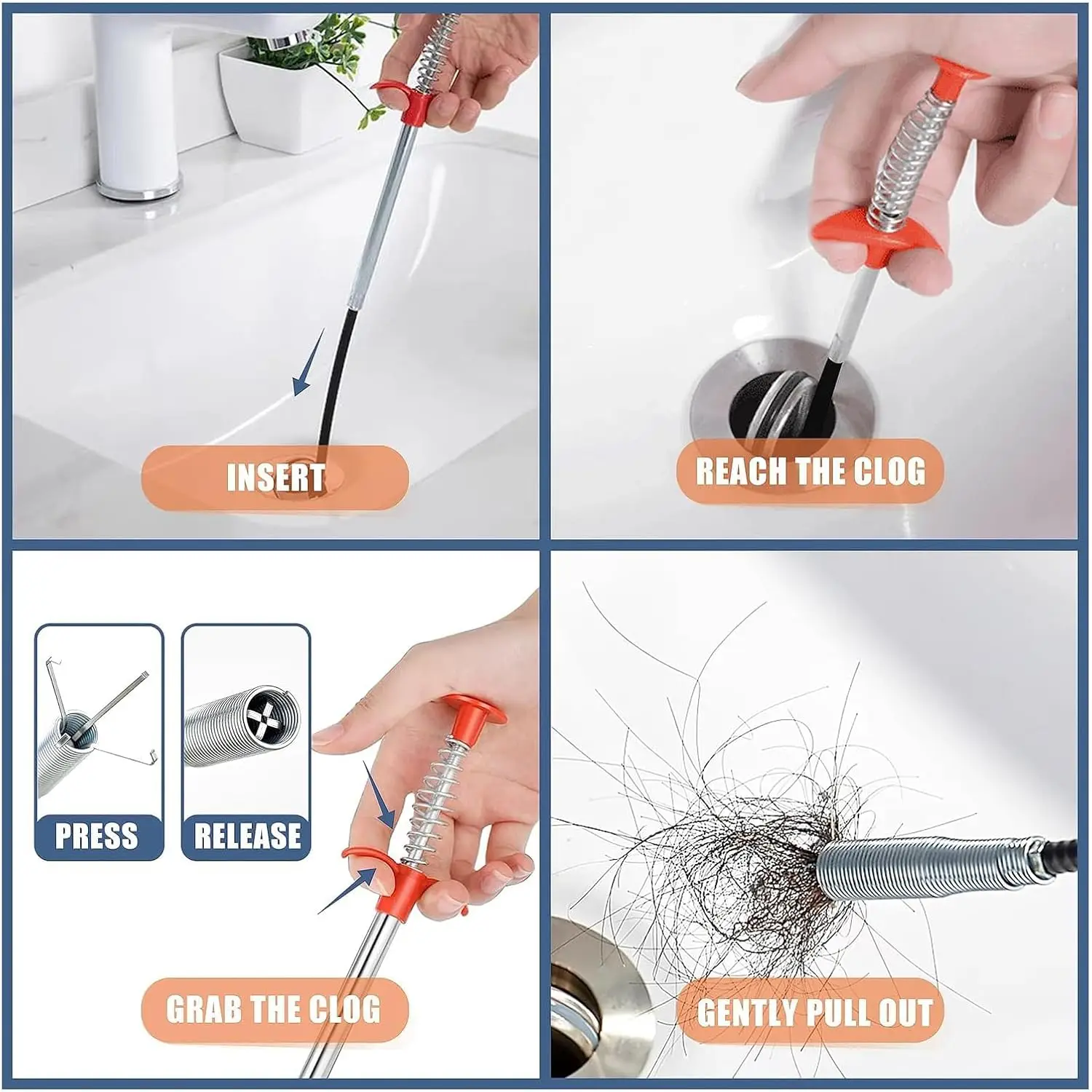 Herramienta Flexible de Agarre con 4 Garras para Desatascar Drenajes, Removedor de Cabello y Obstrucciones para Cocina y Baño