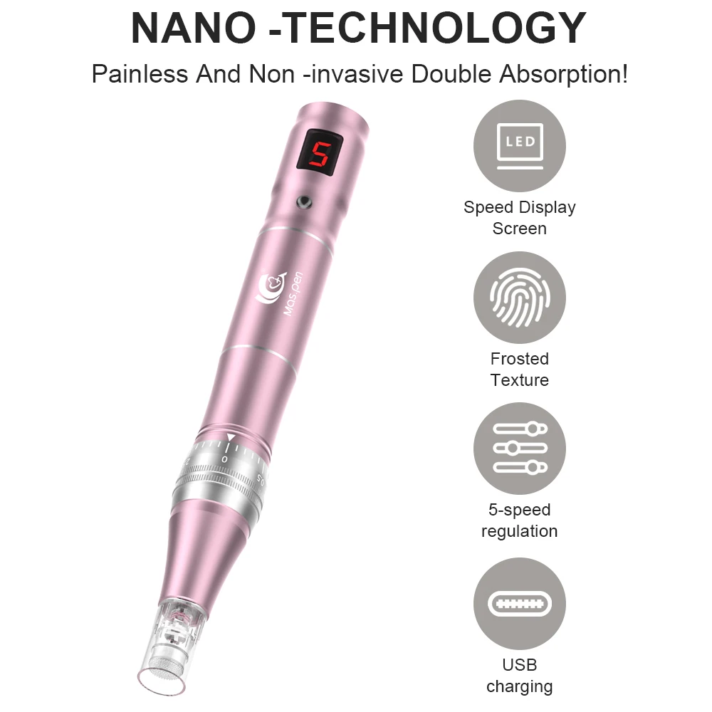 Dispositivo recargable de microneedling (Derma Pen/Mas Pen L3) para el cuidado de la piel, con dos puntas de repuesto.