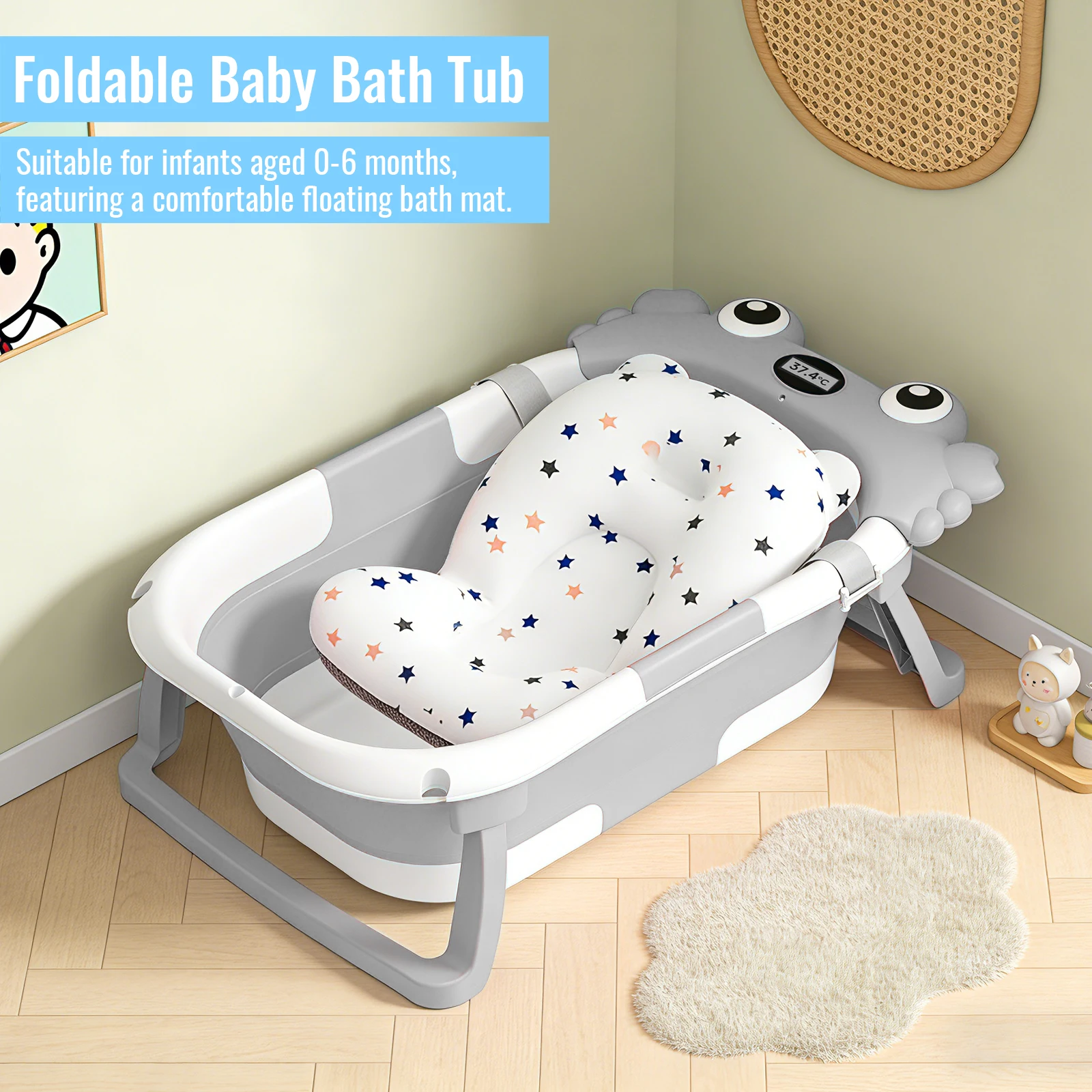 Bañera plegable para bebés con tapete antideslizante, bañera para bebés con termómetro integrado, bañera portátil para bebés de 0 a 36 meses