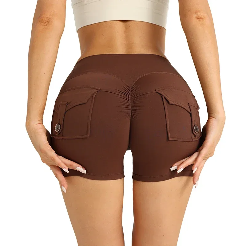 Pantalones cortos deportivos de cintura alta color melocotón con bolsillo para Yoga, mallas de secado rápido para entrenamiento de gimnasia, pantalones cortos deportivos para ciclismo al aire libre