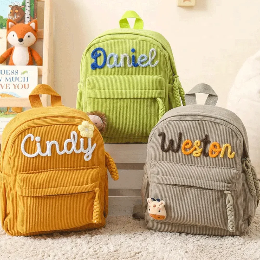 Mochila pequeña de pana personalizada de alta calidad – Mochila escolar personalizable con estampado de nombre; Bonita y práctica