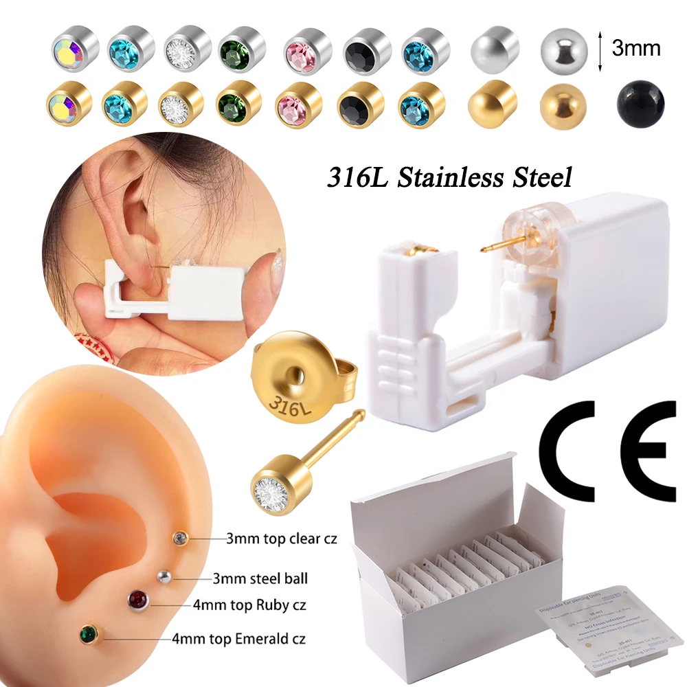 24 unids/caja unidad de pistola para Piercing en la oreja desechable, herramienta de perforación estéril segura, Kit de máquina, Mini pendiente de 3mm, joyería para niños y adultos, venta al por mayor