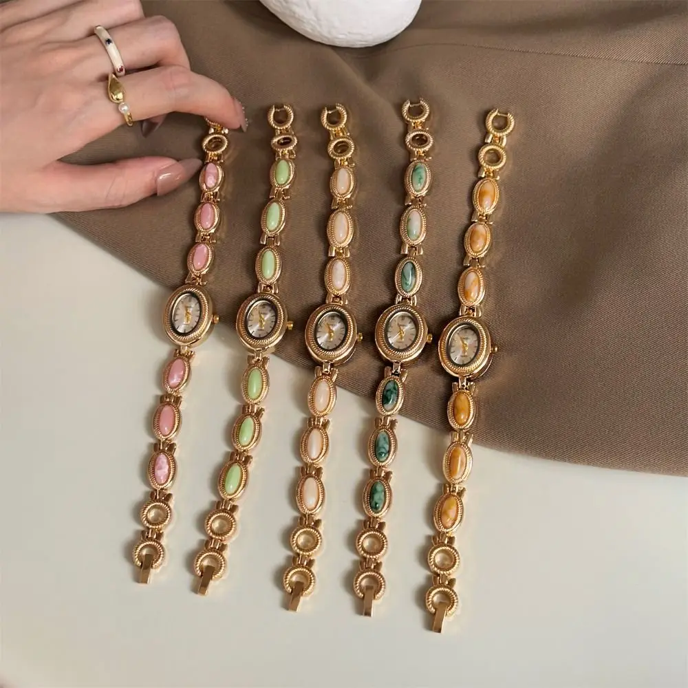 Reloj de Cuarzo Elegante para Mujer, Reloj de Pulsera Ovalado de Lujo, Reloj de Pulsera Vintage con Piedras Preciosas de Colores