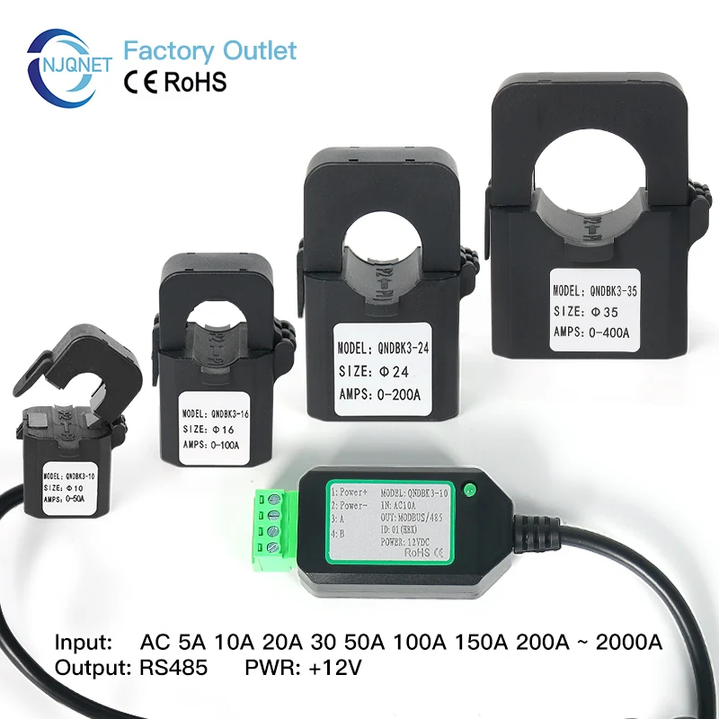 Sensor de Corriente de Núcleo Dividido QNDBK3-16 AC 150A 100A 50A 63A 20A 10A RS485 Transformador de Corriente Tipo Abierto con Pinza Modbus