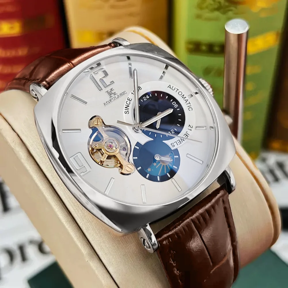 Reloj Mecánico para Hombre, Estilo Retro |   Elegante, esfera de esqueleto, diseño hueco, caja de aleación, correa de cuero sintético |   Ropa de Negocios y Casual, No Requiere Baterías
