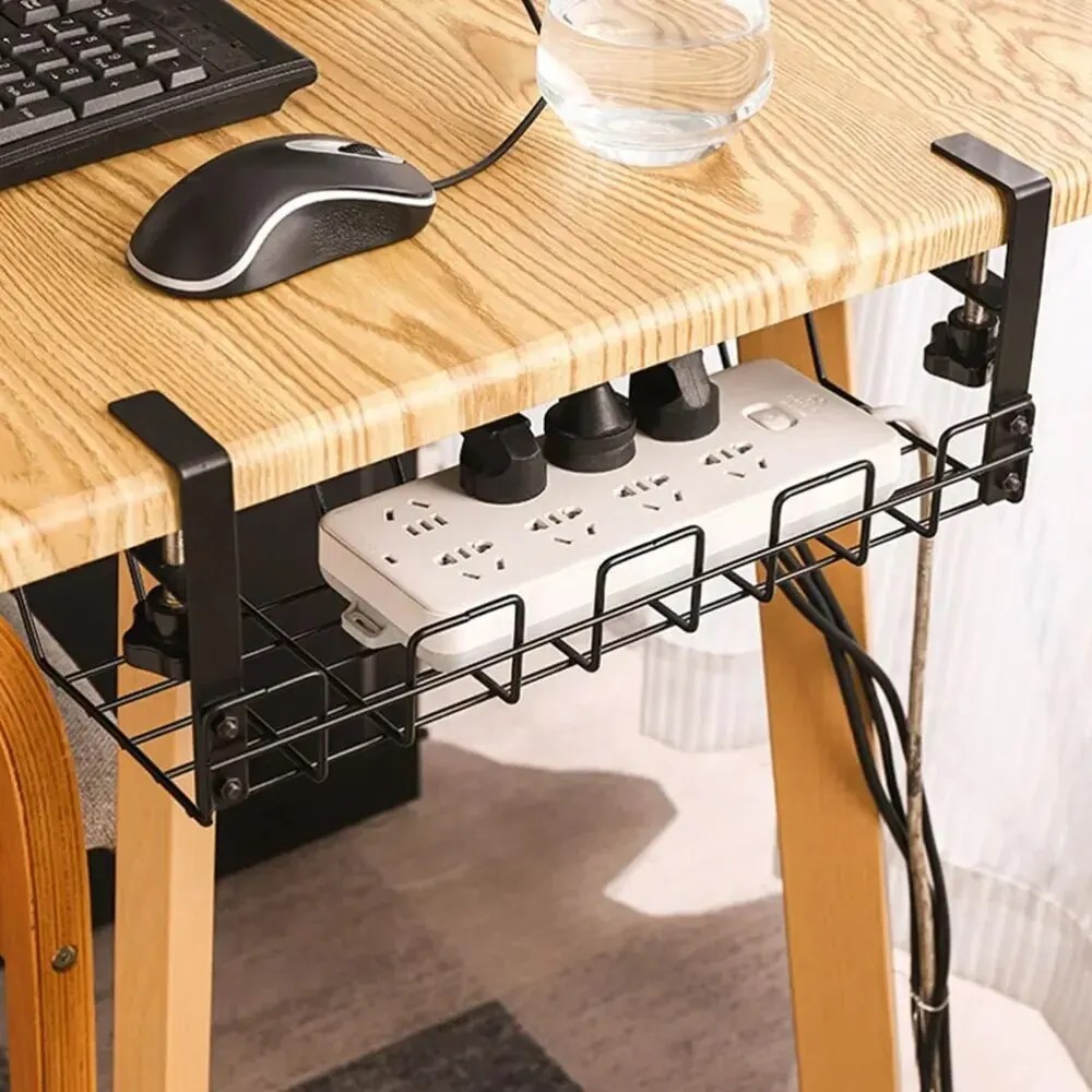 Estante de almacenamiento debajo de la Mesa, bandeja de gestión de cables de Metal, organizador de cables para escritorio de oficina en casa, sin perforación, accesorios de almacenamiento de cocina