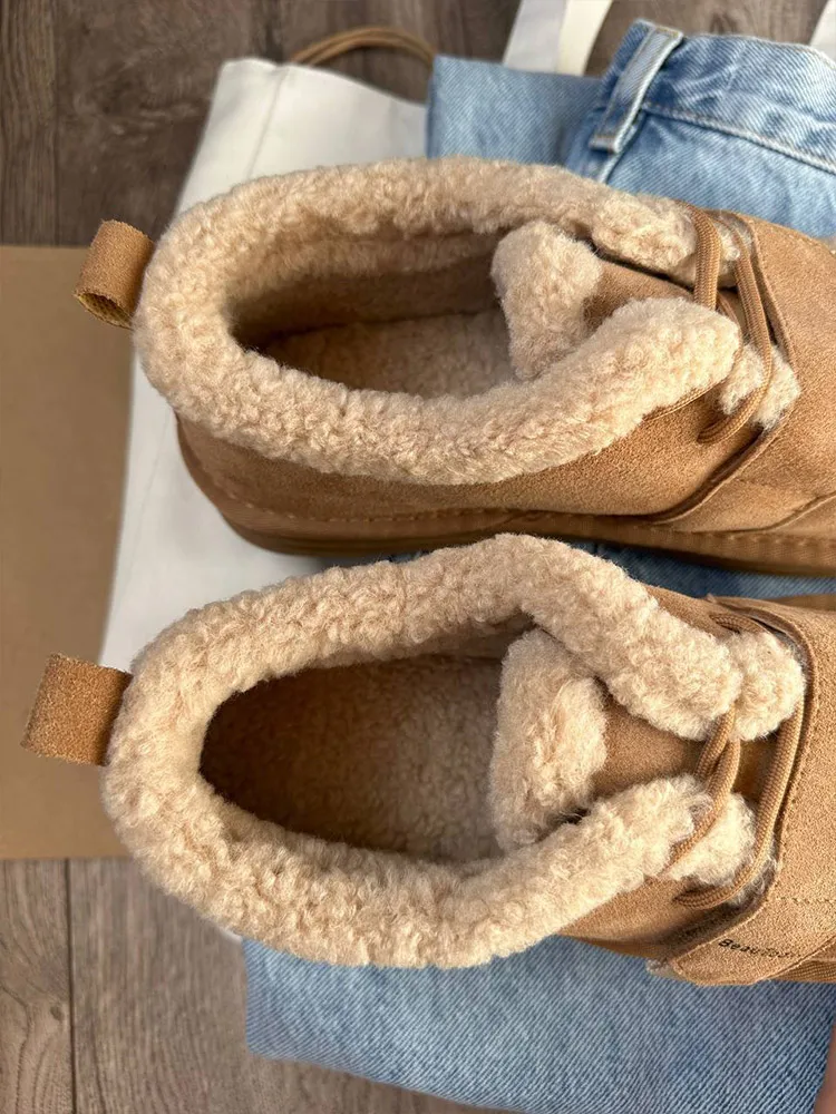 BEAUTODAY, zapatos peludos para mujer, zapatos planos de cuero vacuno con punta redonda, gancho y bucle con cordones, mocasines de invierno para mujer hechos a mano A27843