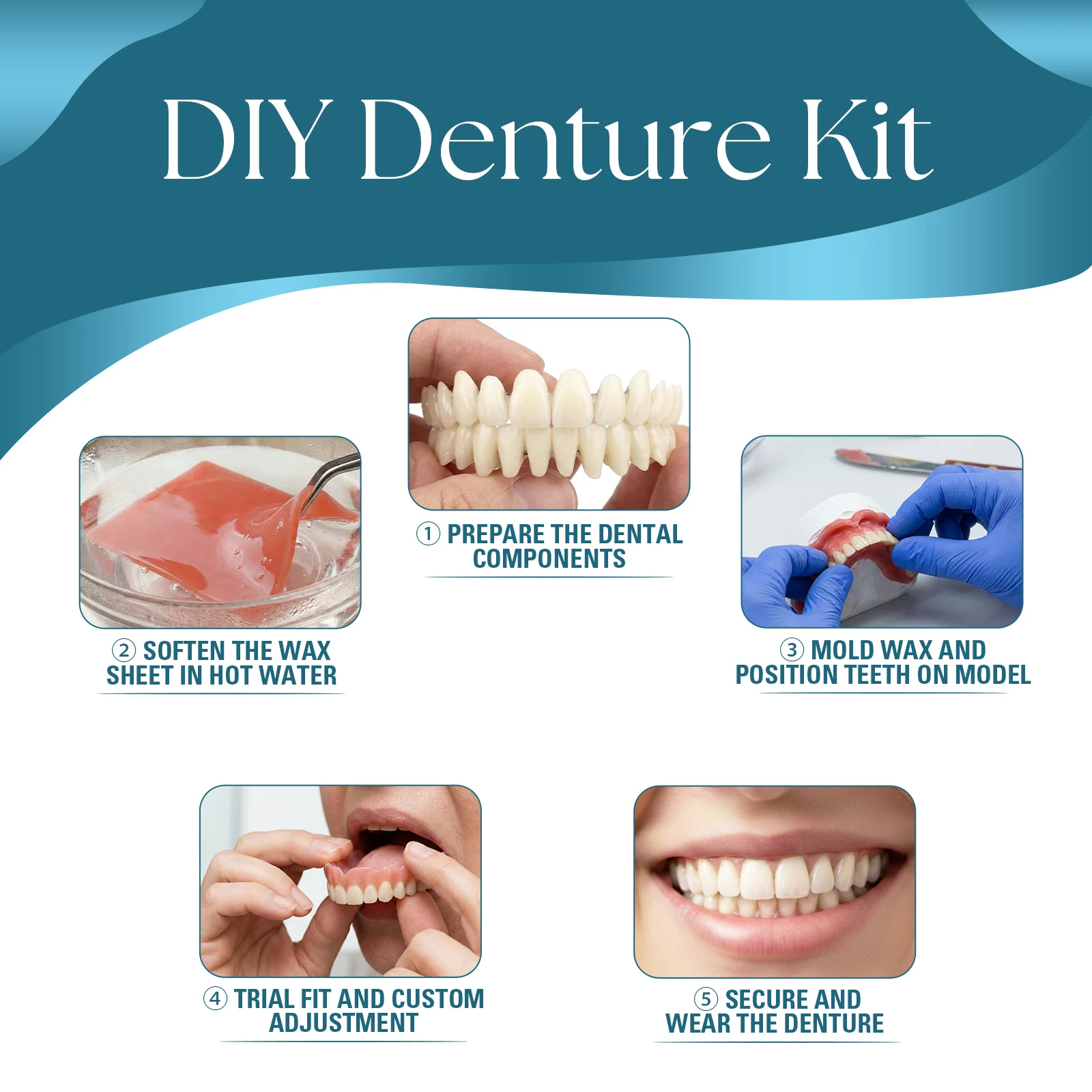 Kit de Dentadura Postiza Temporal DIY con Dientes Superiores e Inferiores, Tiras de Cera y Modelos de Yeso, Herramienta Reutilizable para Restauración y Reparación Dental