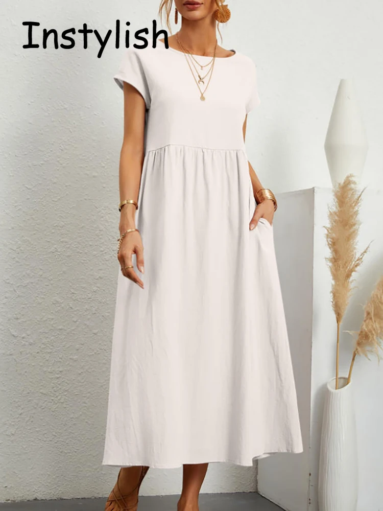 Vestido largo holgado de lino y algodón para mujer, prenda elegante y lisa de manga corta con cuello redondo, Estilo Vintage Harajuku, Y2K