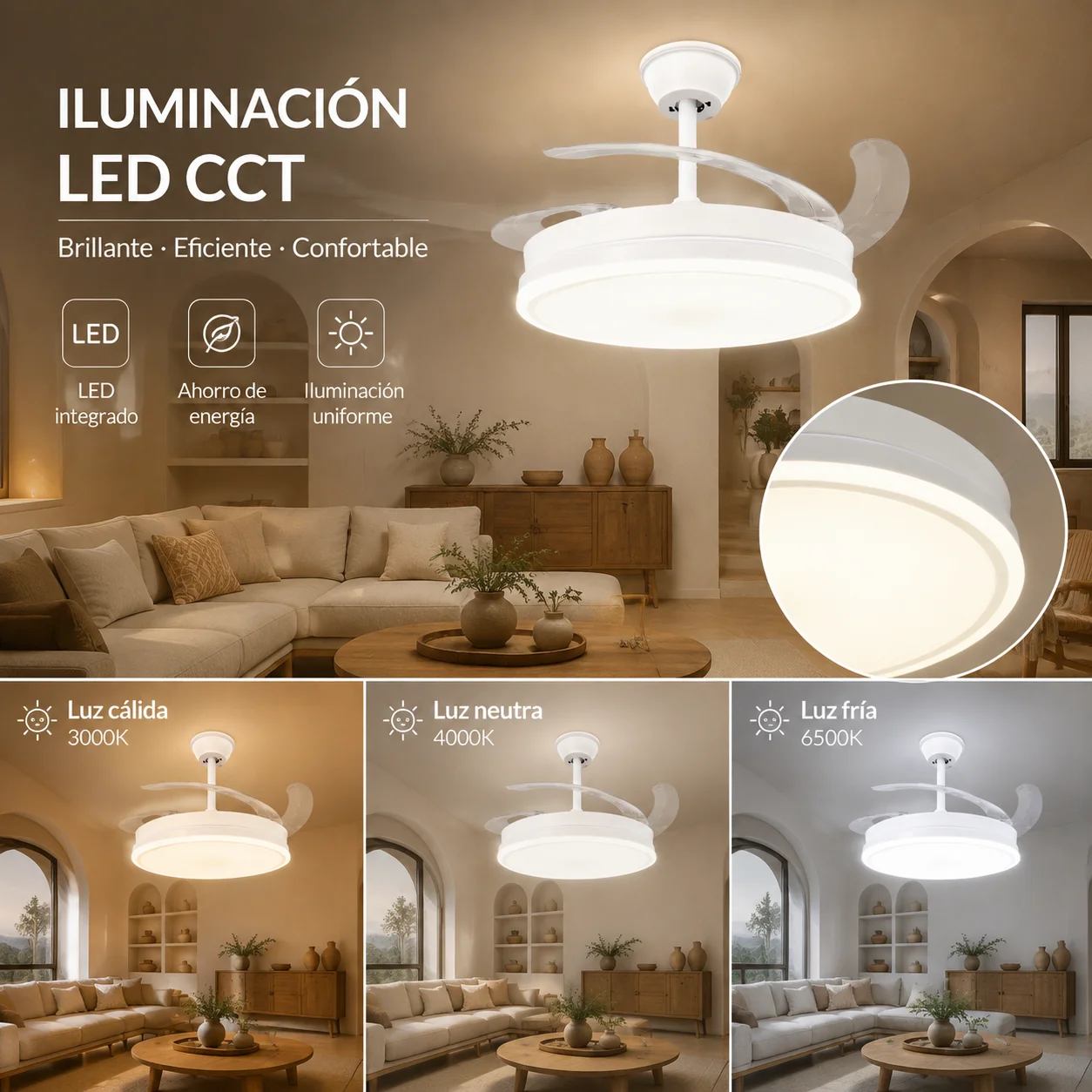 Ventilador de techo retráctil con luz LED integrada, motor DC silencioso y control remoto, 6 velocidades con iluminación CCT regulable para salón dormitorio comedor, ventilador moderno 2 en 1 de bajo consumo y diseño elegante