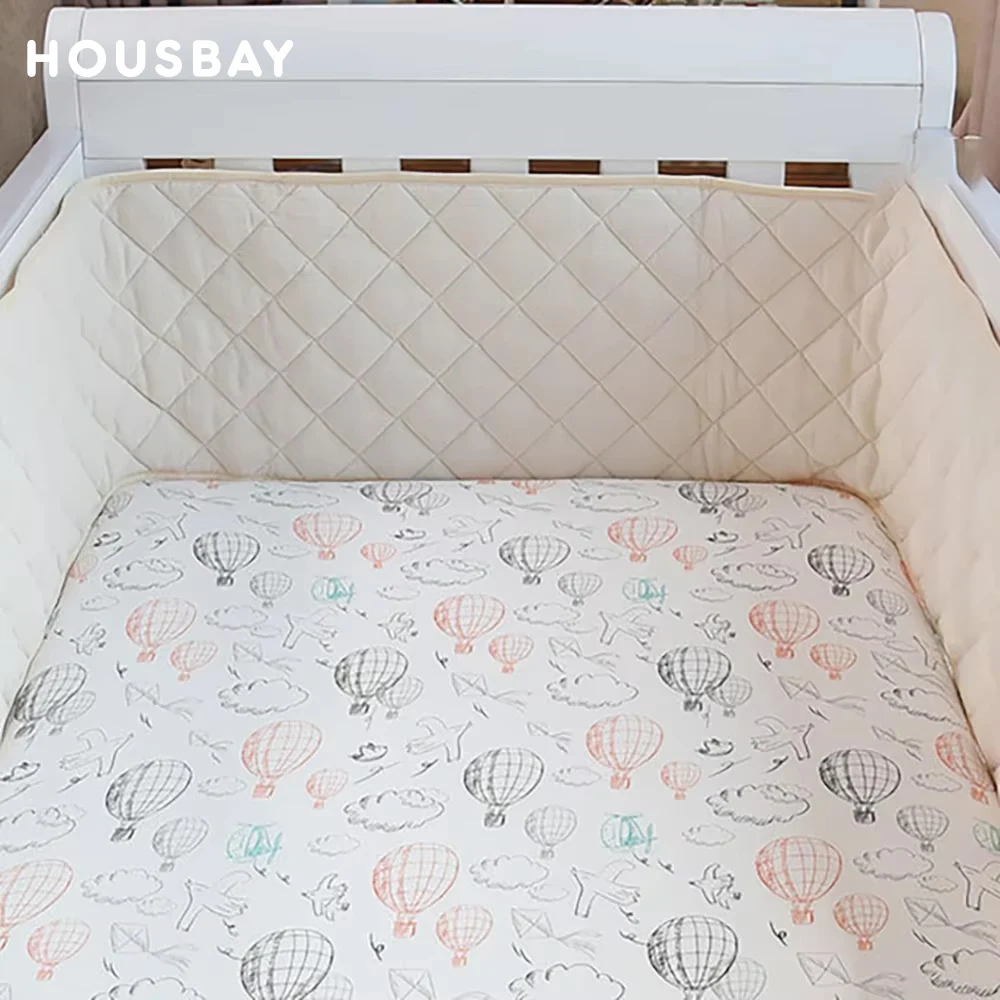Parachoques en la cuna, cojín de cuna de una pieza a cuadros de crepé, protección para barra de cama de bebé, parachoques para cama de bebé suave para dormir de algodón Beige