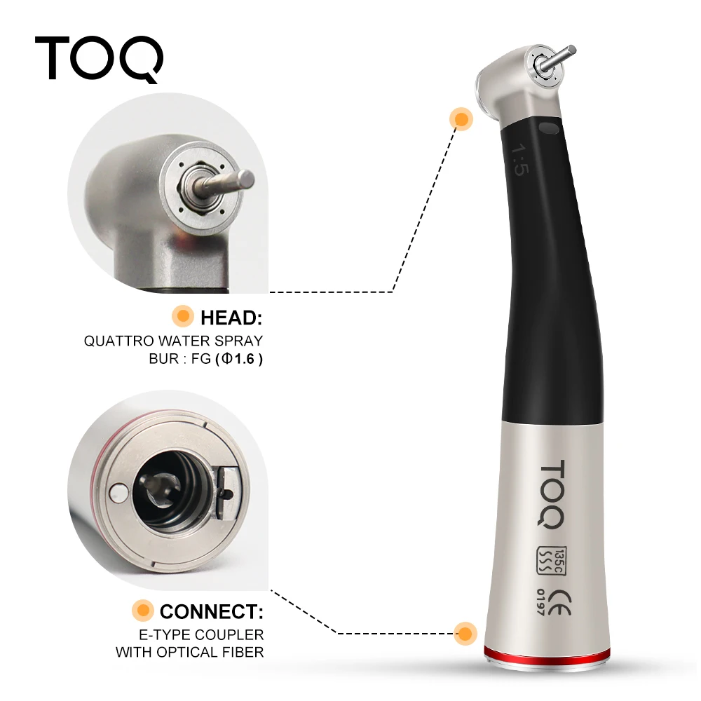 TOQ Red Ring 1:5 Contra-ángulo de aumento de baja velocidad con irrigación interna y fibra óptica para motor tipo E