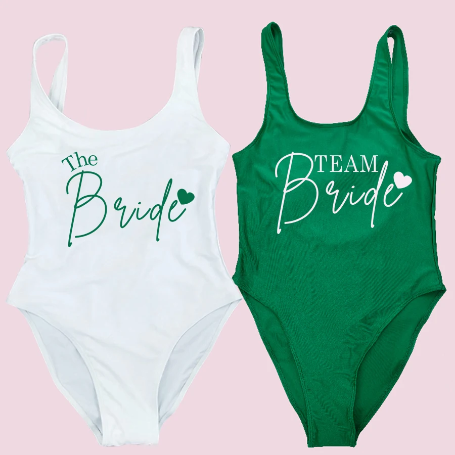 TEAM Bride Heart Print One Piece Swimsuit Women Swimwear High Cut Low Back Sexy Bodysuit Bachelor Party Bathing Suit Swimming