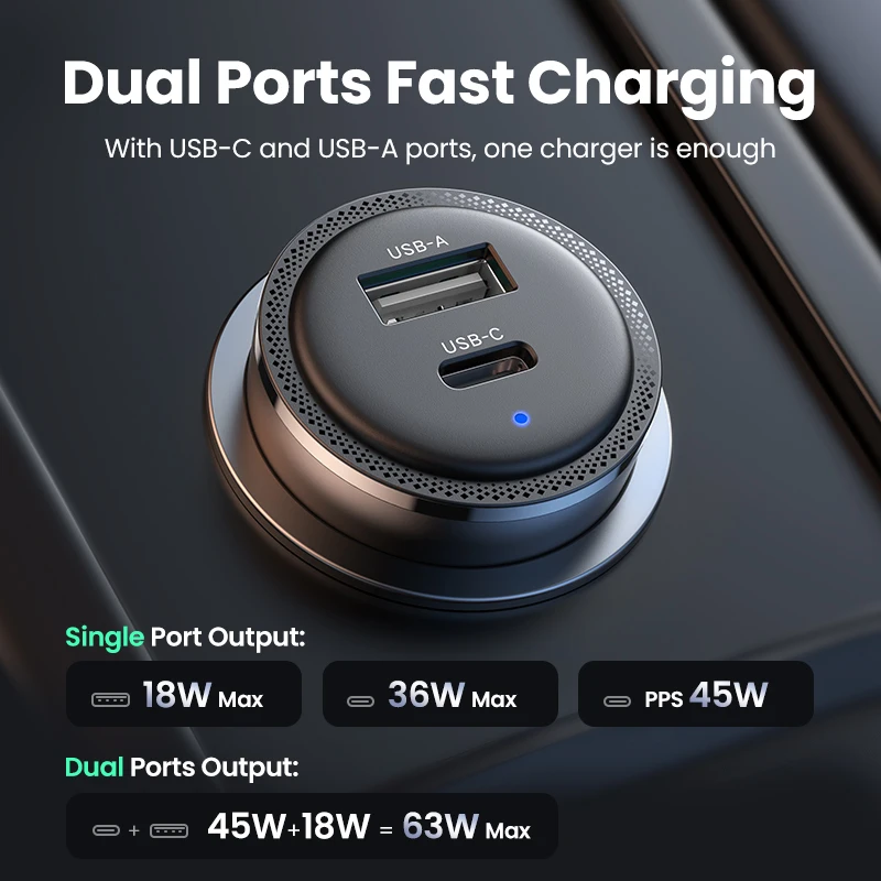 Nuevo en UGREEN 63W cargador de coche PD QC 3,0 PPS 45W USB tipo C carga rápida para iPhone 17 16 Samsung Xiaomi cargador de teléfono móvil