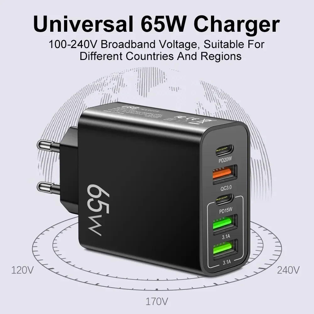 Cargador USB C de 65W y 5 puertos, cargador de teléfono de carga rápida, adaptador de corriente para iPhone, Samsung, Xiaomi, tipo C, cargador de pared de carga rápida