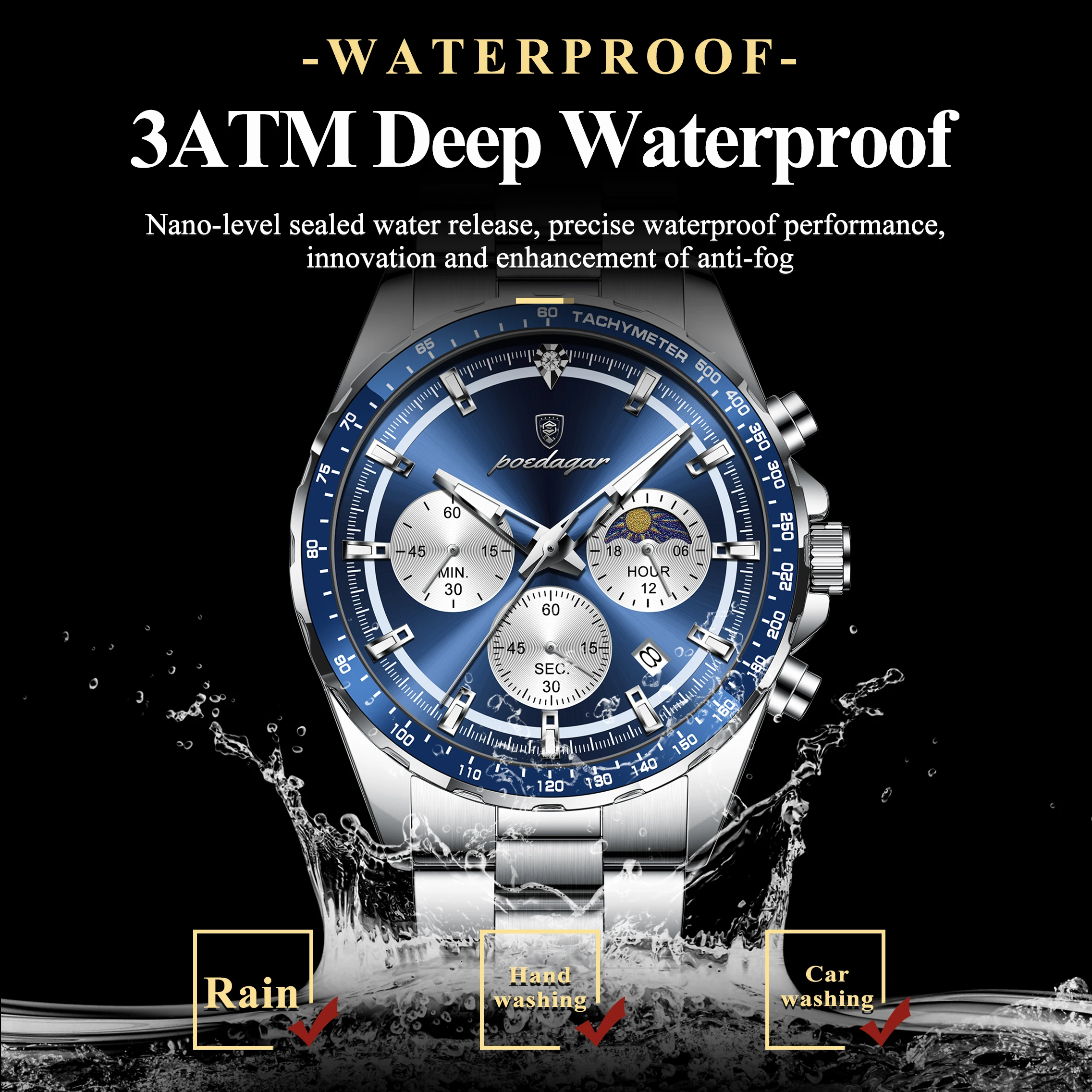 Reloj de Pulsera Deportivo de Moda POEDAGAR para Hombre, Reloj de Cuarzo Luminoso de Acero Inoxidable a Prueba de Agua con Cronógrafo y Fecha para Hombre
