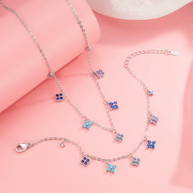 Pulsera y Tobillera de Plata de Ley 925 con Trébol de Cuatro Hojas Multicolor y Diamantes Brillantes para Mujer, Accesorios de Collar, Regalo