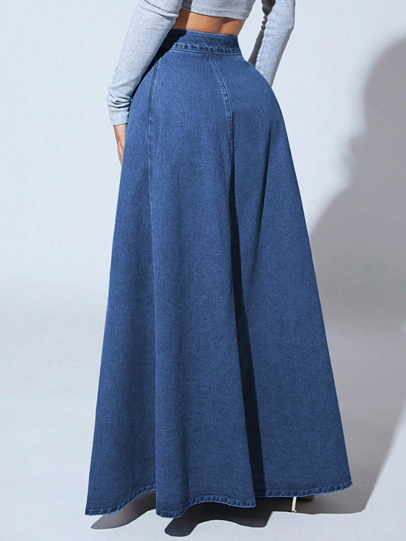 Falda vaquera maxi de mujer con botones delanteros, cintura alta, estilo vintage, línea A, larga, casual y acampanada