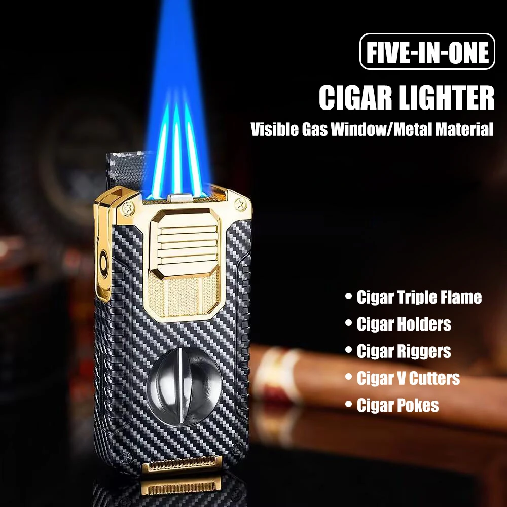 Encendedor de cigarros de triple llama resistente, cortador de cigarros en forma de V, perforador de cigarros con ventana visual de gas y aguja pasante.