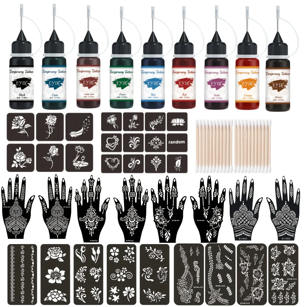Kit de Tatuajes de Henna, 9 Colores, Pasta para Tatuajes con Plantillas, Arte Corporal Temporal, Pintura a Mano DIY, Decoración para Fiestas y Festivales