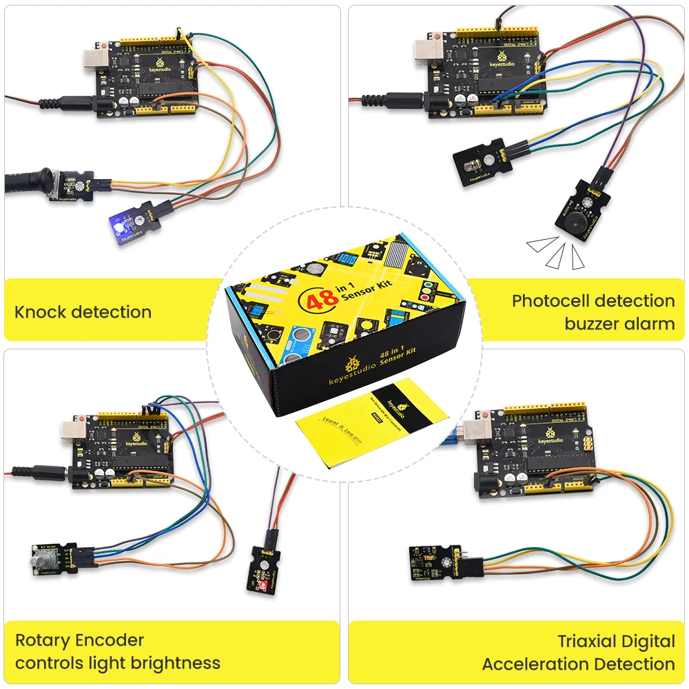 Kit de Iniciación con 48 Sensores Keyestudio para Arduino UNO/2560Mega, Kit Completo de Sensores para Proyectos DIY + 48 Códigos de Proyectos
